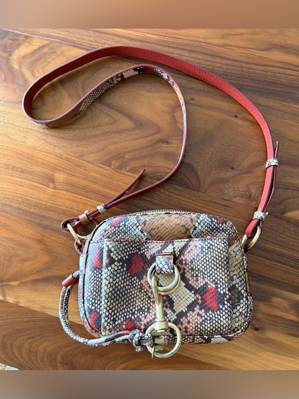 See by Chloé Joan Mini Snake Print Crossbody Bag Red Multi Leather Gold Hardware